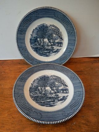 2 Royal Usa Currier & Ives Blue The Old Grist Mill Luncheon Plates 9 "