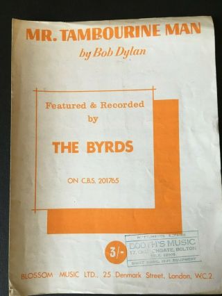 Mr.  Tambourine Man - Bob Dylan/the Byrds - 1964 4 Page Sheet Music