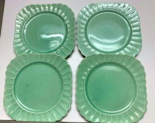 Four Vintage Sebring Pottery Dinner Plates,  Square Fluted,  Green,  No.  80191