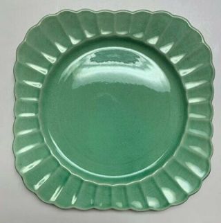 FOUR VINTAGE SEBRING POTTERY DINNER PLATES,  SQUARE FLUTED,  GREEN,  NO.  80191 2