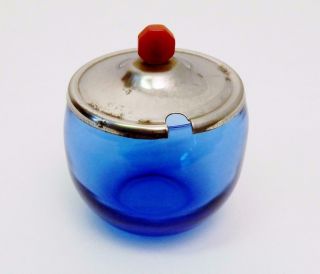 Vtg Cobalt Blue Depression Glass Mustard/condiment Pot W/red Bakelite Knob Lid