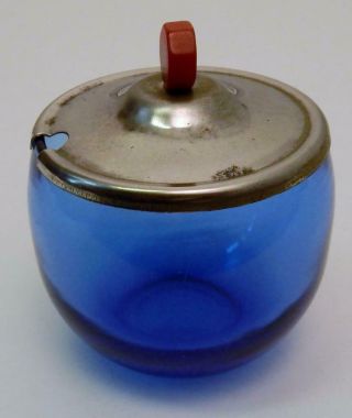 Vtg Cobalt Blue Depression Glass Mustard/Condiment Pot w/Red Bakelite Knob Lid 2