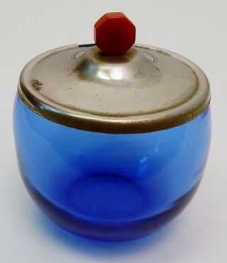 Vtg Cobalt Blue Depression Glass Mustard/Condiment Pot w/Red Bakelite Knob Lid 3