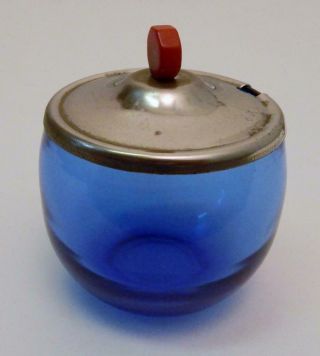 Vtg Cobalt Blue Depression Glass Mustard/Condiment Pot w/Red Bakelite Knob Lid 4