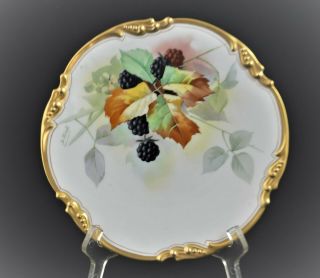 J.  P.  L.  France Limoges Dessert Salad Plate Hand Painted Berries Gold Gilt