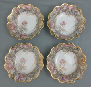 Set Of 4 Nippon C1891 Maple Leaf Mark 5.  25 " Bowls With Roses & Gold Beading