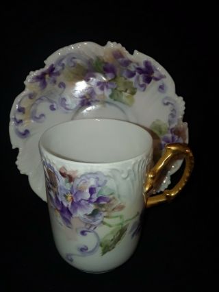 Antique Limoges Demitasse Cup & Saucer Purple Violets T&v Twist Handle Noreserve