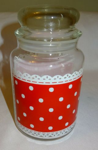 Vintage Anchor Hocking Red Polka Dot Lace Quart Storage Jar W/ Lid