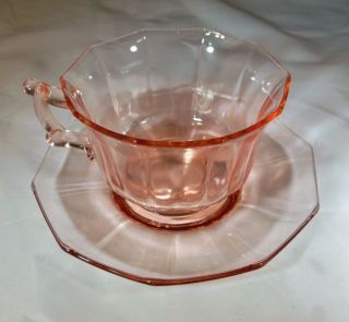 Cambridge Glass Co.  Decagon Peach Blo Pink 865 Footed Cup & Saucer Set