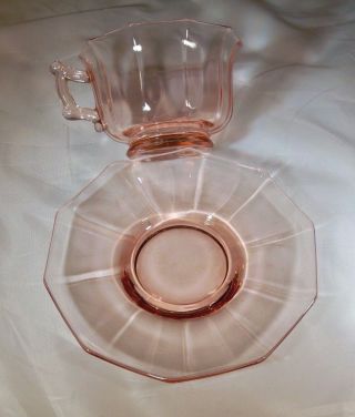 CAMBRIDGE GLASS CO.  DECAGON PEACH BLO PINK 865 FOOTED CUP & SAUCER SET 2