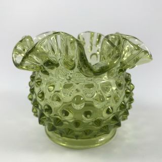 Vtg Fenton Glass " Hobnail / Colonial Green " Small Vase 3 " - Ruffled Edge