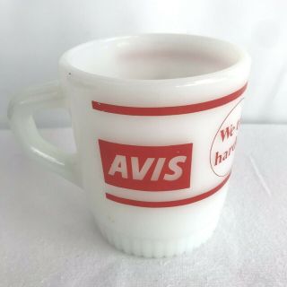 Avis We Try Harder Red And White Milk Glass Coffee Mug Fire King Vintage