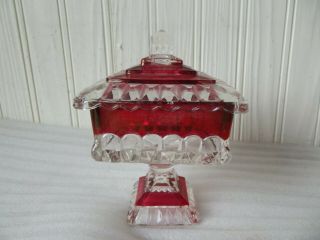 1950 ' s Red Ruby and Clear Lidded Wedding Glass Candy Dish Mid Century Pedestal 3