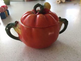 Tiny Vintage Hand Painted Pumpkin Bowl With Lid Marked Germany