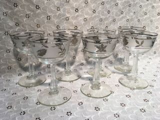 (7) Vintage Libbey Silver Leaf Wine / Champagne Glasses Goblets: 4 7/8” Tall