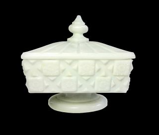 Westmoreland Old Quilt Covered Square Compote Box White Milk Glass 1940 - 1984