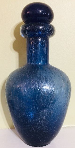 Vintage Blown Glass Stopper Bottle Blue Bubbles