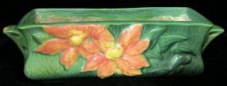 Roseville Art Pottery Green Clematis Window Box Planter,  391 - 8 ",  Pink Flowers