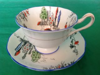 Royal Albert Crown China Cup & Saucer 7779 Multicolor Trees Blue Trim