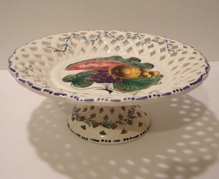 Vtg Signed Italy Hand Painted Reticulated Ceramic Pie Cake Fruit Display Stand