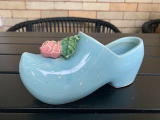 Vintage Ceramic Mccoy Pottery Blue Dutch Shoe With Rose Planter