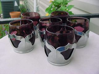 Set Of 6 Vtg Farber Bros.  Purple Amethyst & Chrome Shot Glasses