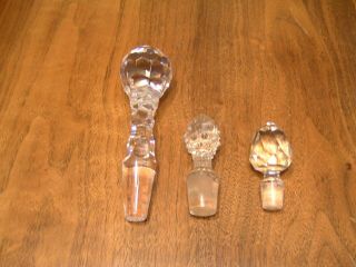 Three Vintage Clear Cut & Molded Glass Bottle Stoppers 5 1/2 ",  3 1/4 " And 2 5/8