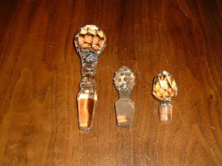 THREE VINTAGE CLEAR CUT & MOLDED GLASS BOTTLE STOPPERS 5 1/2 
