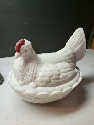 Vintage Red And White Glass Hen On Nest Basket Dish With Eggs