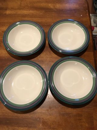 Set Of 4 Pfaltzgraff Mountain Shadow Rim Soup Bowl 8.  25 " Blue Green Teal Usa Ec