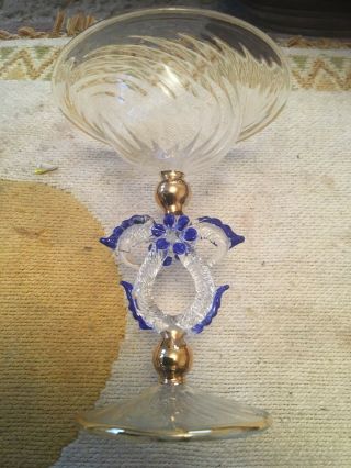 Vintage Venetian Glass Vase Decorated In Blue With Gold Trim Thin Glass.
