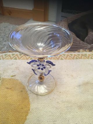 Vintage Venetian glass vase decorated In blue with gold trim thin glass. 3