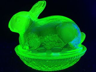 Green Vaseline Glass Bunny Rabbit Uranium Nest Basket Dish Easter Candy / Butter