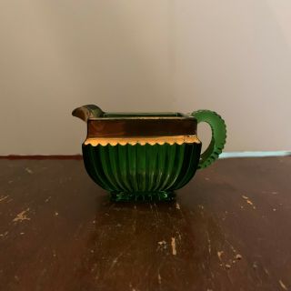 Vintage Eapg Ribbed Green Glass Square Creamer With Gold Highlights