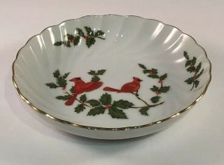 Vintage Lefton China Hand Painted Leaf Candy Nut Dish Red Cardinal