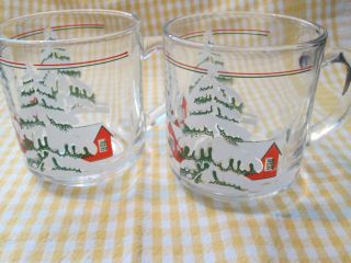 2 Vintage Christmas Holiday Glass Mugs Red House
