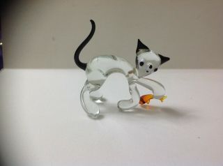 Murano Glass,  Pirelli,  Lauscha,  Bimini Glass:glass Cat With Fish Figure,  Ornament