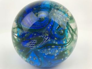 Hand Blown Swirling Blue Green And Gold Paperweight