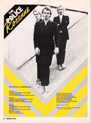Smash Hits 1979 A4 Page Lyrics Poster Advert Roxanne The Police