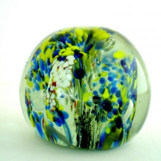 Vintage Art Glass Paperweight With Explosions Of Blue Yellow And White Colors