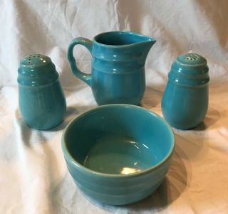 4 Pc Vintage Oxford Turquoise Blue Stoneware Pitcher Bowl Salt & Pepper Shakers