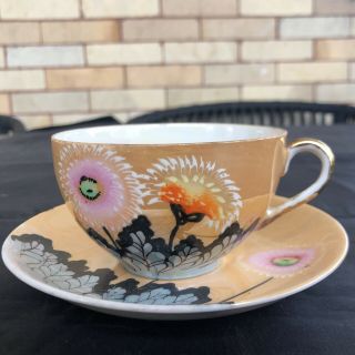 Vintage Japan Hand Painted Peach Luster Floral Tea Cup And Saucer