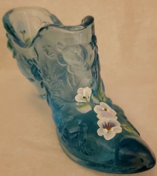 Vintage Fenton Art Glass Misty Blue Slipper,  Hand Painted And Signed Mib