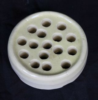 Vintage Flower Frog Art Pottery Round 16 Holes Light Yellow Marked Japan 3 "