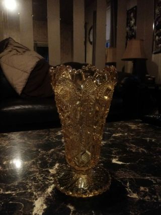 Yellow Carnival Glass Vase Hobstar Design Imperial Glass