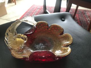 Murano Italy Art Glass Clear And Gold Fleck Cigar Ashtray With Dolphin