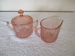 Pink Depression Jeannette Glass Floral/poinsettia Creamer & Sugar Bowl With Lid