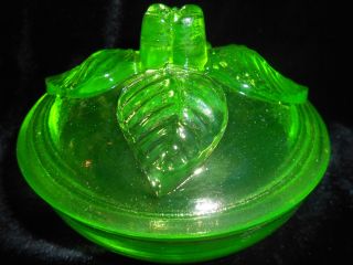 Neon Green Vaseline Uranium Glass Rose Powder Jewelry Box Covered Candy Dish Art