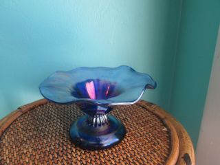Hand Blown Signed Art Glass Cobalt Pedestal Bowl/compote Ruffled