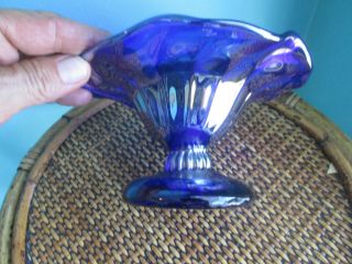 HAND BLOWN Signed ART Glass COBALT Pedestal Bowl/Compote Ruffled 3